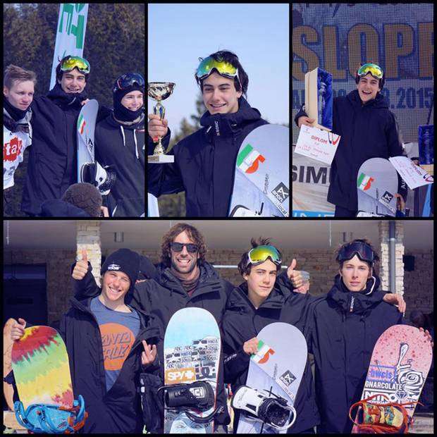 Emil Zulian con lallenatore Benussi e i compagli di squadra slopestyle (foto FB Benussi)