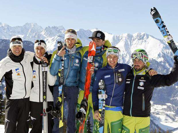 Il podio dei Campionati Mondiali di scialpinismo 2015: oro per Lenzi-Eydallin e bronzo per Antonioli-Boscacci (foto verbier2015.ch) 