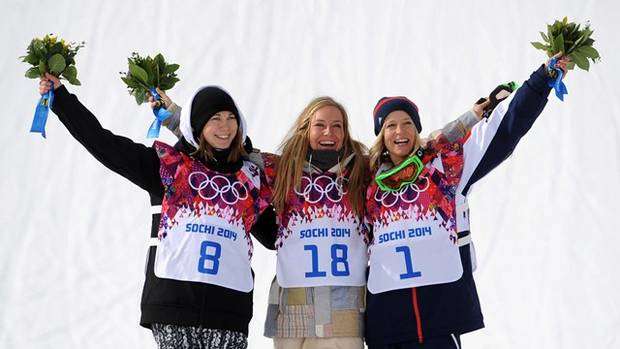 Il podio dello slopestyle femminile  (foto FIS/Gepa)